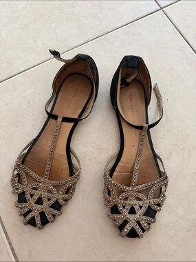 Zara Black and Tan Studded T-Strap Flat Sandals